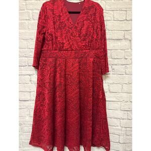 Grapent Red Lace V-Neck 3/4 Sleeve Formal Midi Dress SZ 22W New w/tags